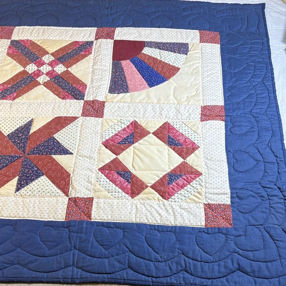 Handmade Vintage Sampler‎ Quilt Blue Border Hearts Fan Pinwheel Americana Decor
